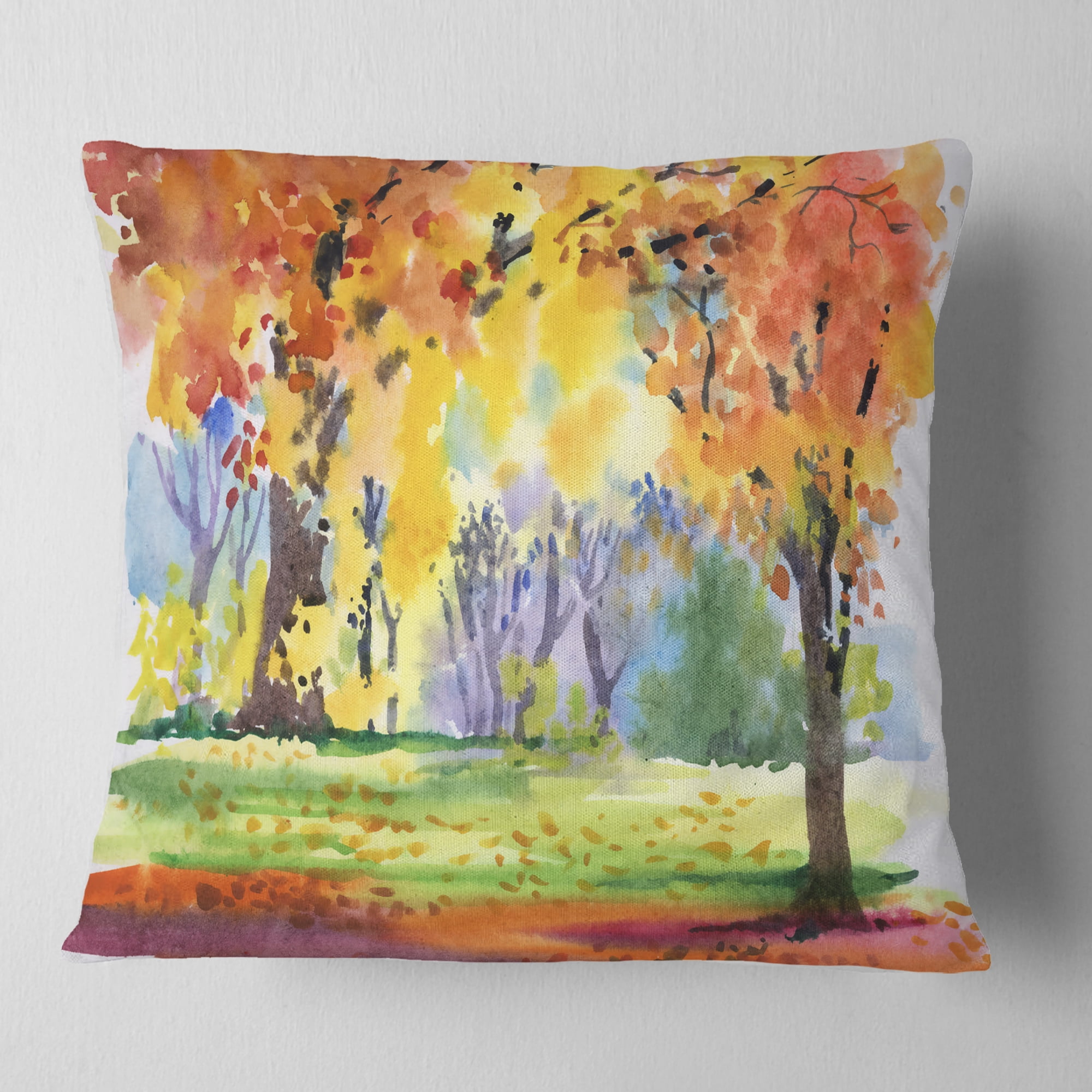 Designart Autumn Park Yellow Trees Watercolor - Landscape Printed Throw Pillow - 16x16