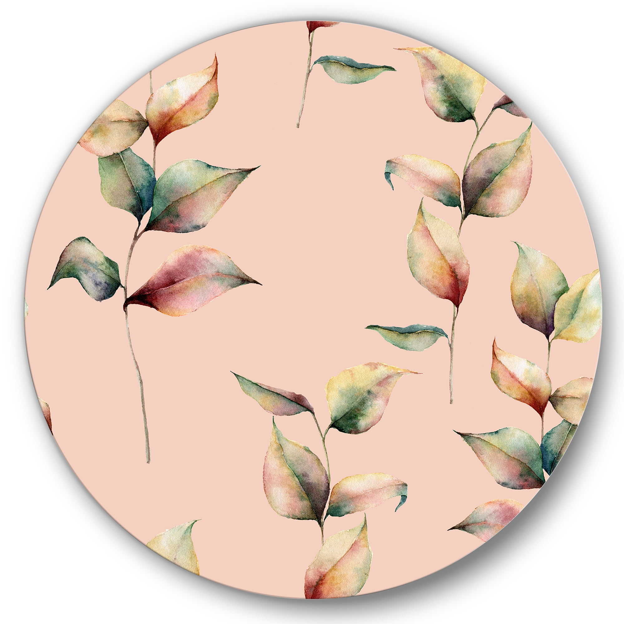 Designart 'Autumn Pink Leaves with Branch On Pastel Colors' Traditional Circle Metal Wall Art 36x36 - Disc of 36