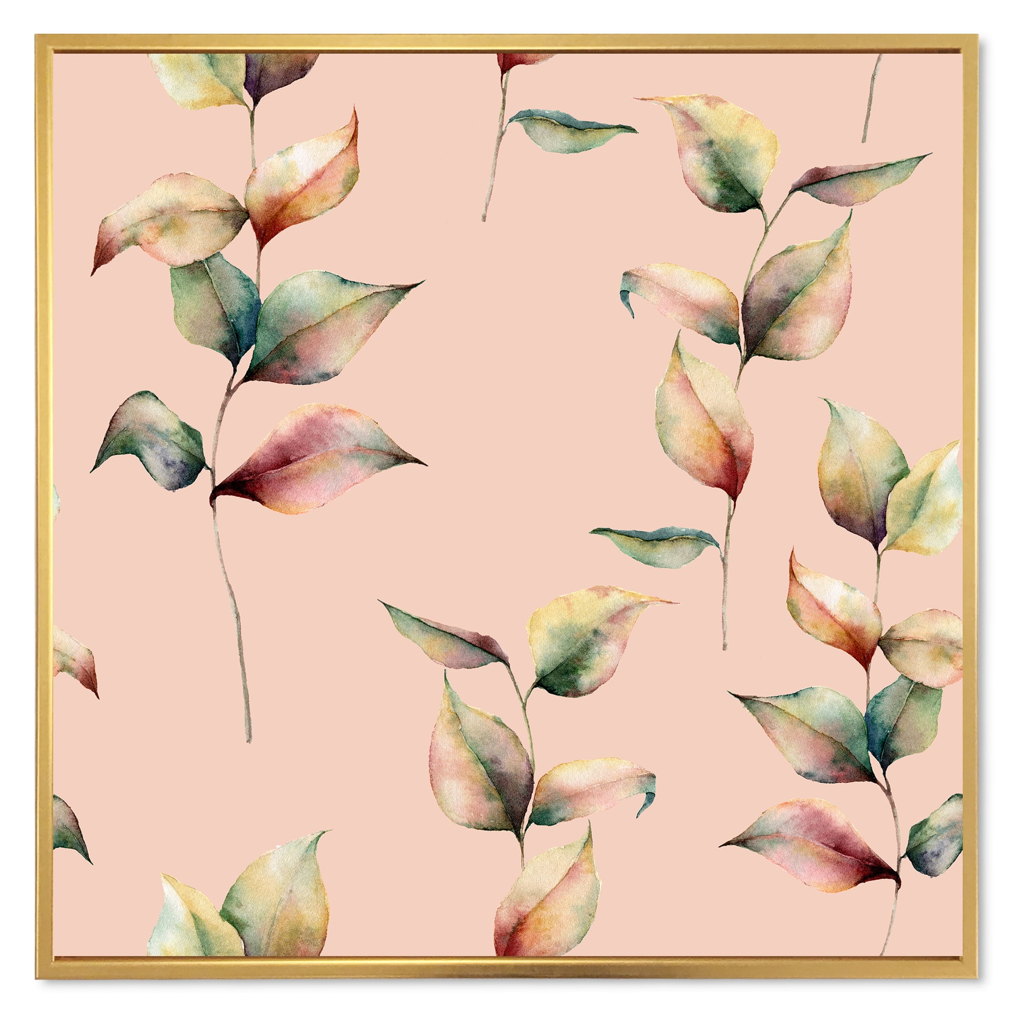 Designart 'Autumn Pink Leaves with Branch On Pastel Colors' Traditional Framed Canvas Wall Art Print