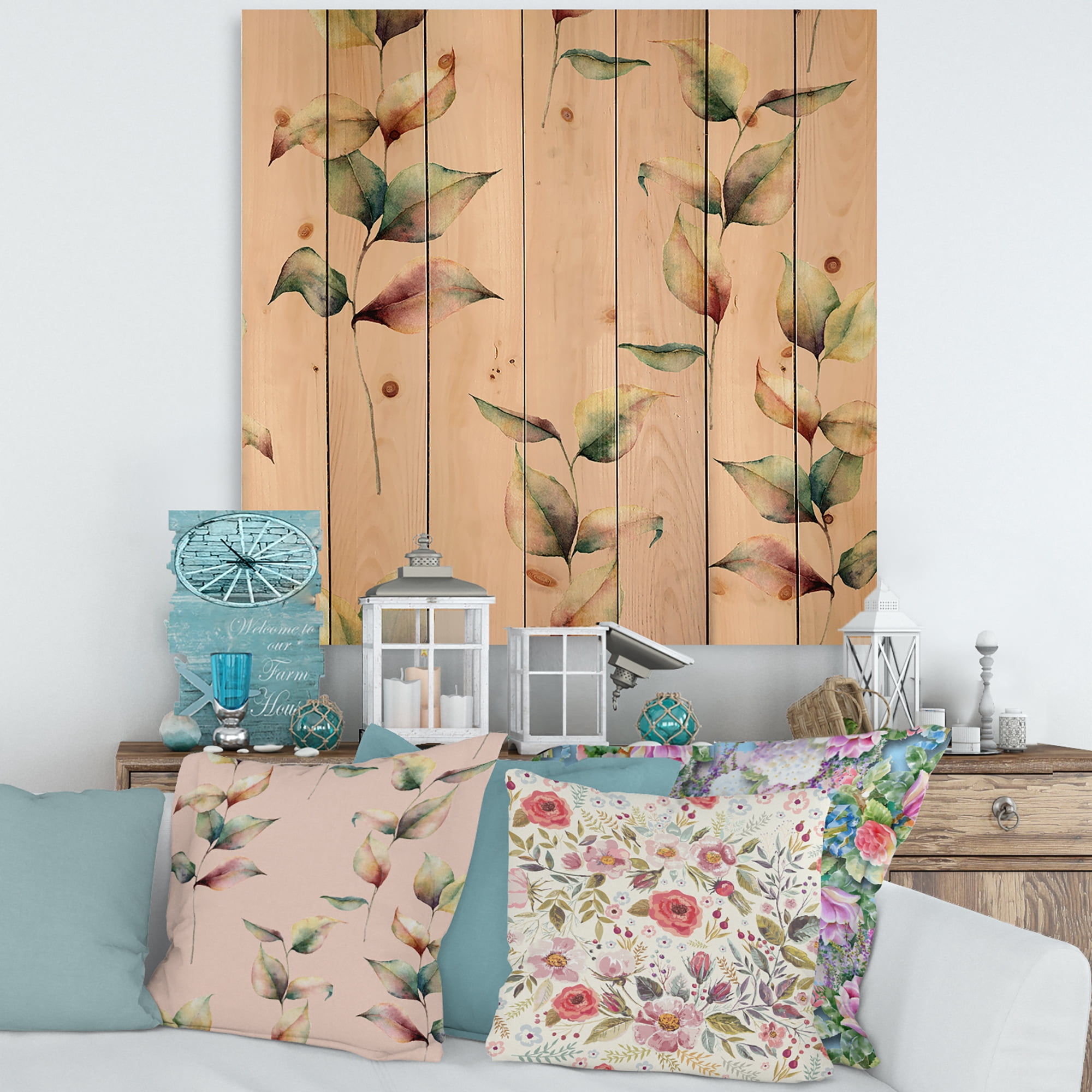 Designart 'Autumn Pink Leaves with Branch On Pastel Colors' Traditional Print on Natural Pine Wood