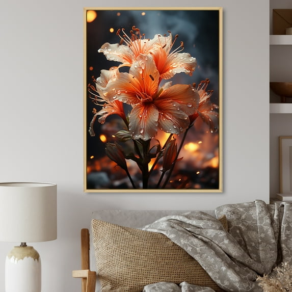 Designart "Autumn Radiance Coral Flower painting II" Floral Floater Framed Canvas Print