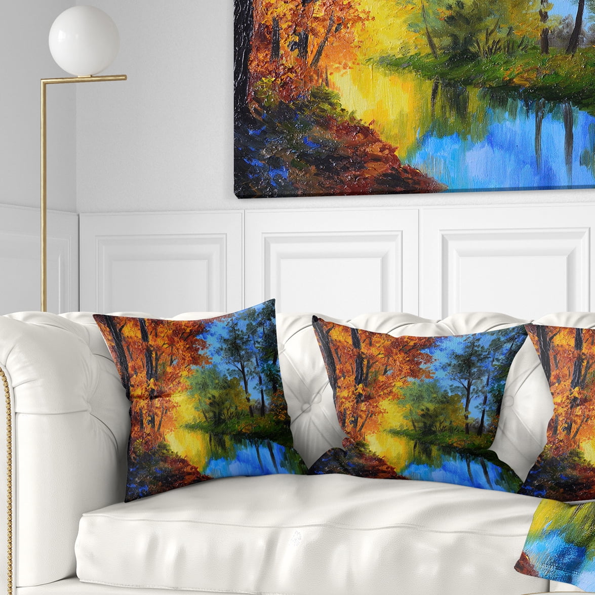 Designart Autumn Reflecting in River - Landscape Printed Throw Pillow - 16x16