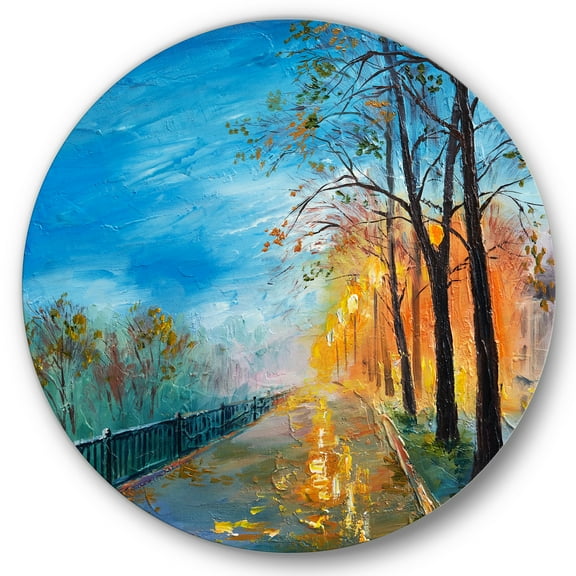 Designart 'Autumn Road in Evening' Traditional Circle Metal Wall Art 36x36 - Disc of 36