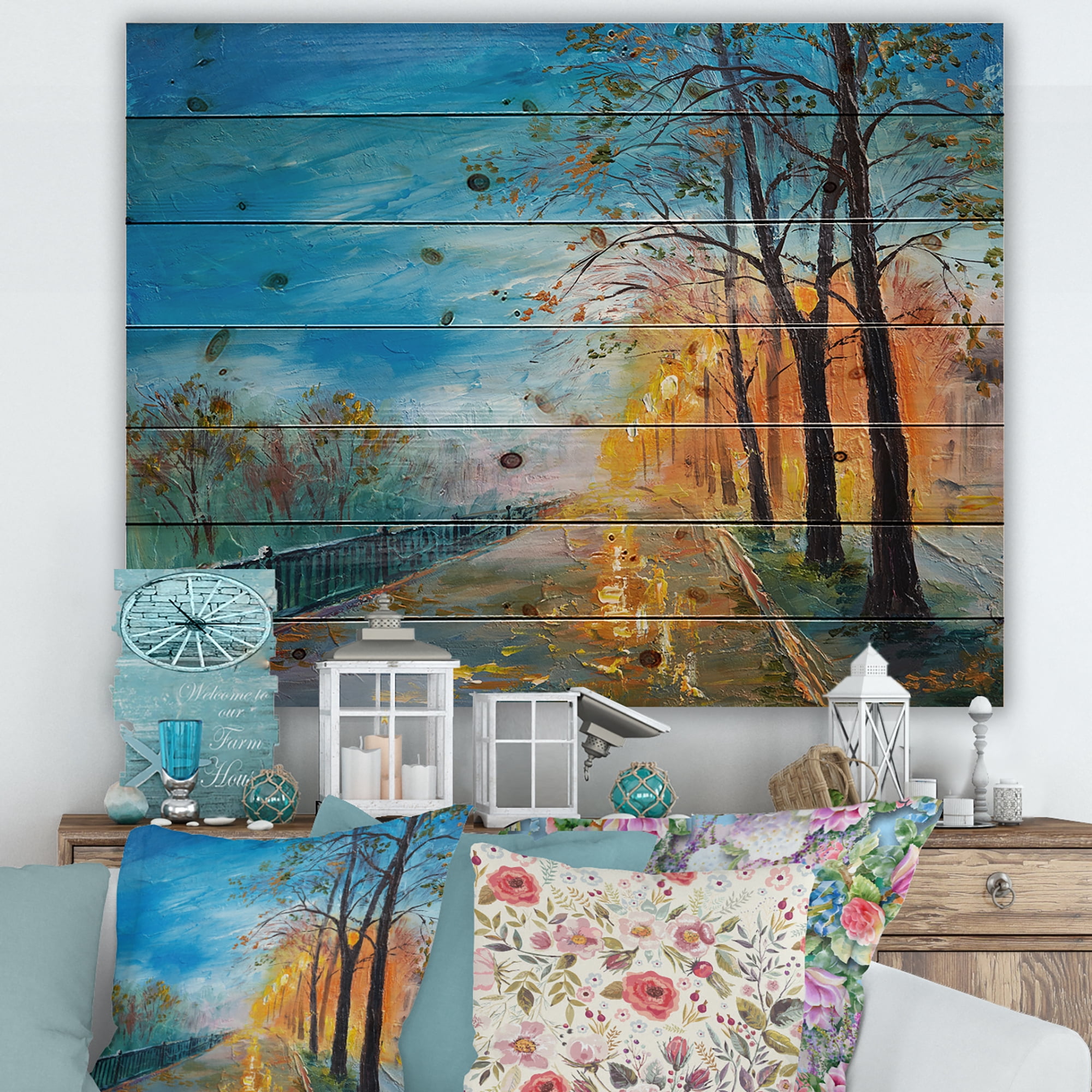 Designart 'Autumn Road in Evening' Traditional Print on Natural Pine Wood