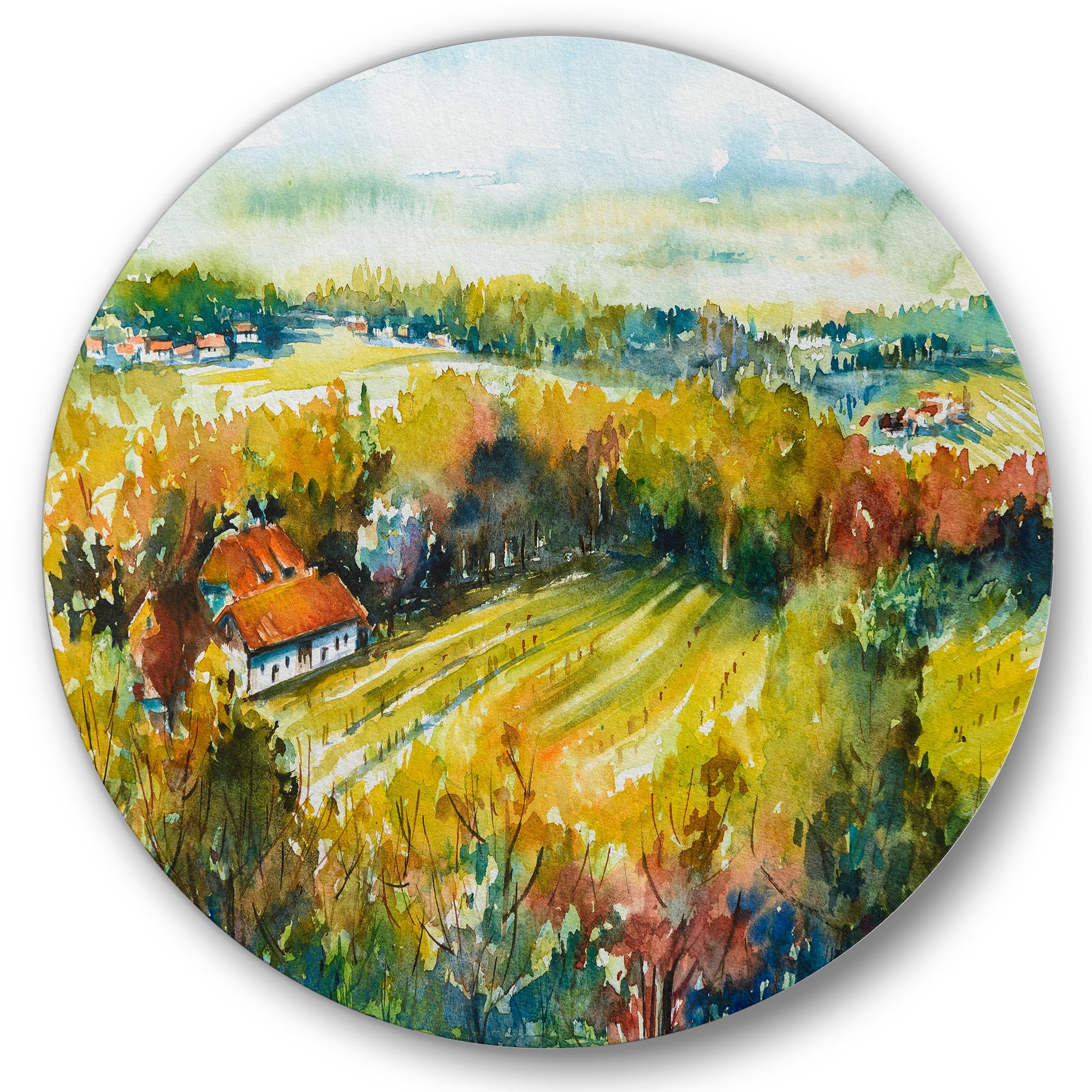 Designart 'Autumn Rural Landscape' Country Circle Metal Wall Art 23x23 - Disc of 23