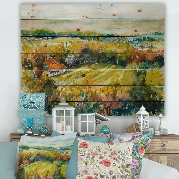 Designart 'Autumn Rural Landscape' Country Print on Natural Pine Wood