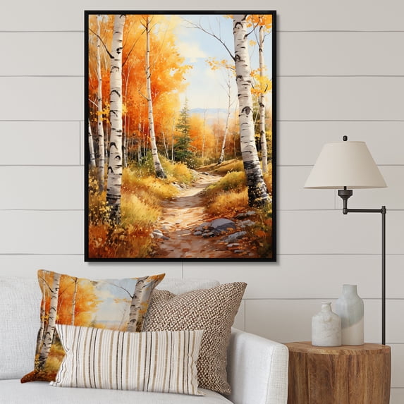Designart "Autumn Sonata Birch Woods III" Floral Floater Framed Wall Art Print