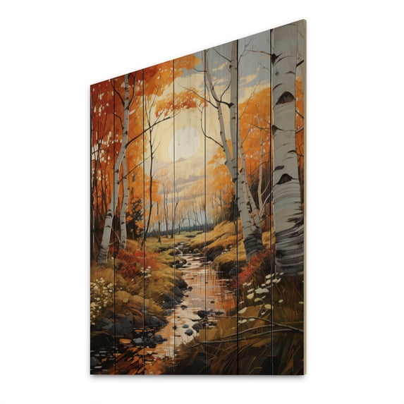 Designart "Autumn Sonata Birch Woods VII" Floral Print on Natural Pine Wood