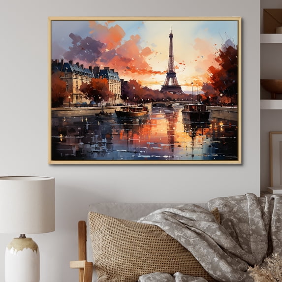 Designart "Autumn Sunset Views of the Eiffel Tower in Paris" Cityscapes Framed Wall Art - Industrial Yellow Paris Entryway Framed Wall Art