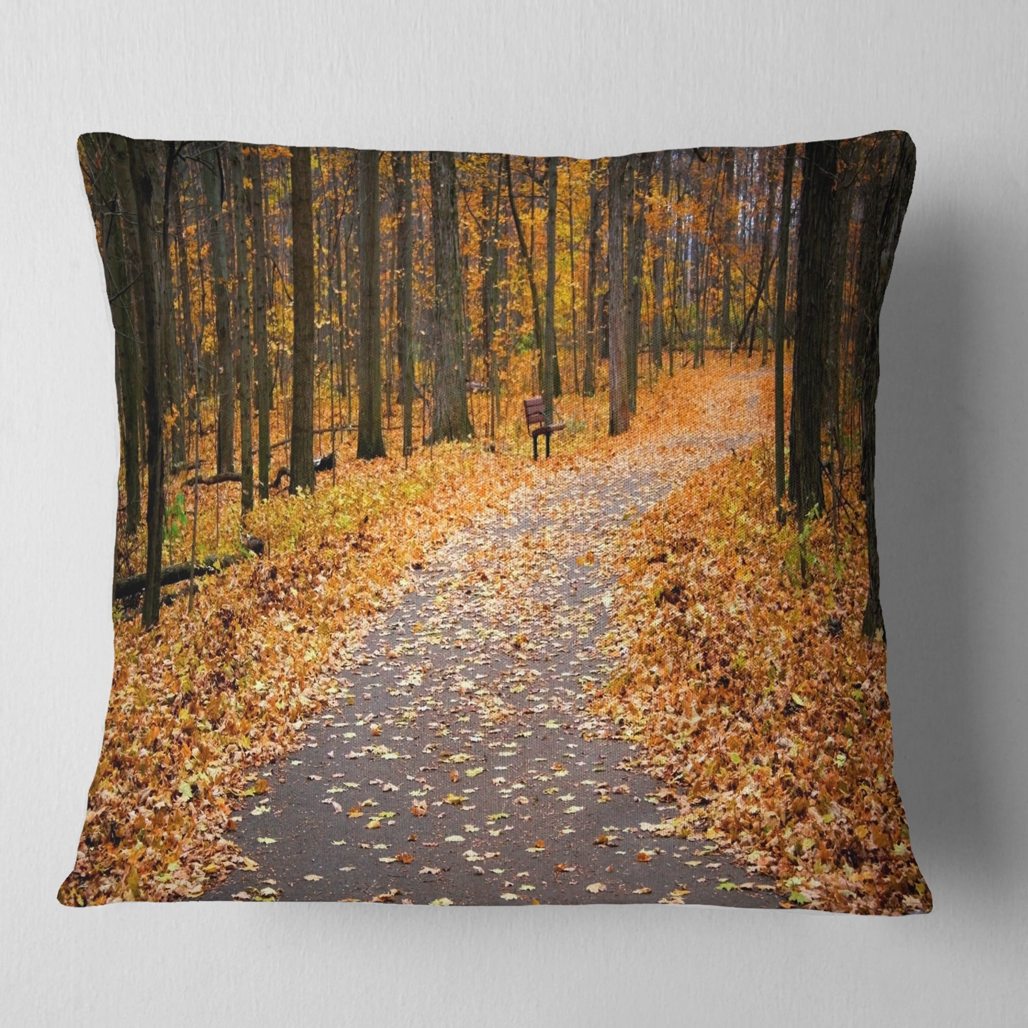 Designart Autumn Walk Way with Fallen Leaves - Modern Forest Throw Pillow - 16x16