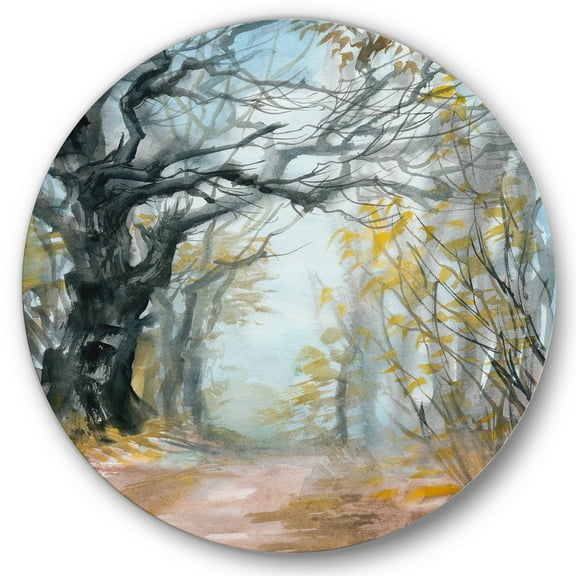 Designart 'Autumn in Misty Forest' Lake House Circle Metal Wall Art 36x36 - Disc of 36