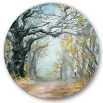 Designart 'Autumn in Misty Forest' Lake House Circle Metal Wall Art 36x36 - Disc of 36