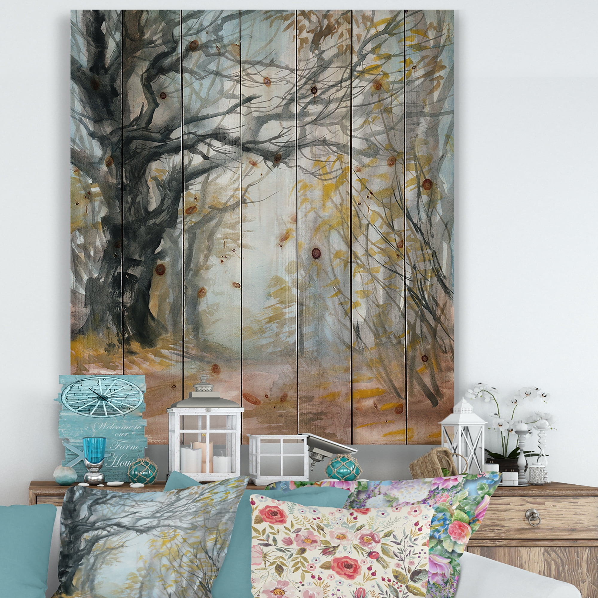 Designart 'Autumn in Misty Forest' Lake House Print on Natural Pine Wood