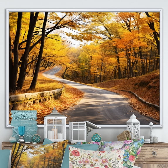 Designart "Autumn's Golden Path Into the Forest III" Landscapes Framed Wall Art - Modern Yellow Road Hallway Framed Wall Art Decor