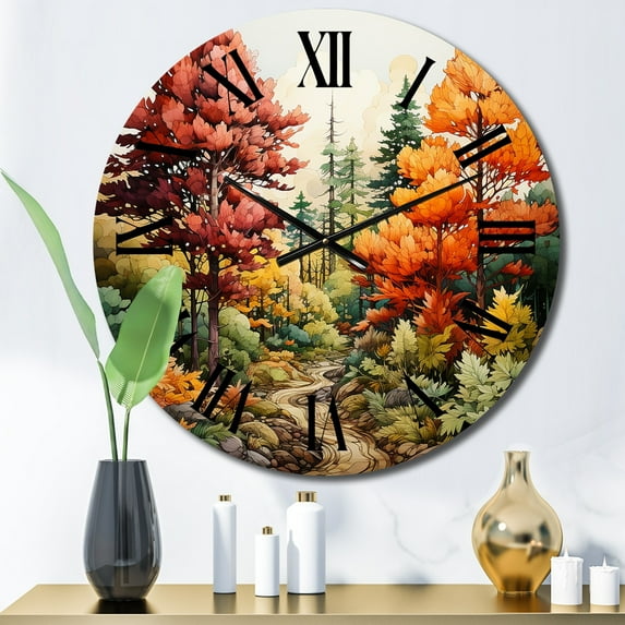 Designart "Autumn s Magic Pine Tree Splendor II" Landscapes Oversized Wall Clock