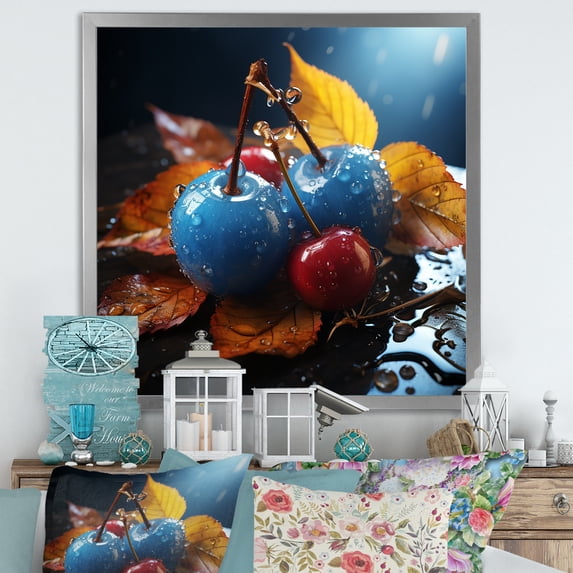 Designart "Autumnal Cherry Glass in Blue" Floral Framed Wall Art Decor - Traditional Blue Cherry Bedroom Framed Canvas Wall Art