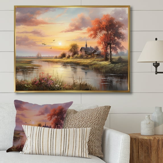 Designart "Autumnal Countryside Dawn I" Sunrisesunset Floater Framed Wall Decor