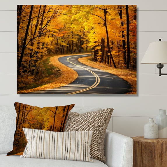 Designart "Autumnal Journey Forest's Golden Road II" Extra Large Landscapes Wall Art - Modern Yellow Road Hallway Wall Art Decor