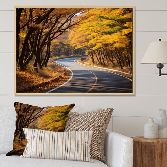 Designart "Autumnal Journey Forest's Golden Road V" Landscapes Framed Wall Art - Modern Yellow Road Hallway Framed Wall Art Decor