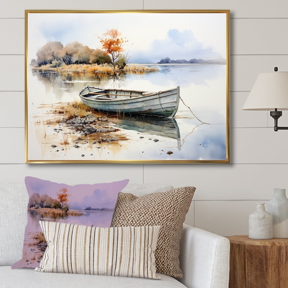 Designart "Autumnal Tranquility Blue and Orange Fishing Boat" Transportation Framed Wall Art - Modern Brown Boat Fishing Hallway Framed Wall Art Decor