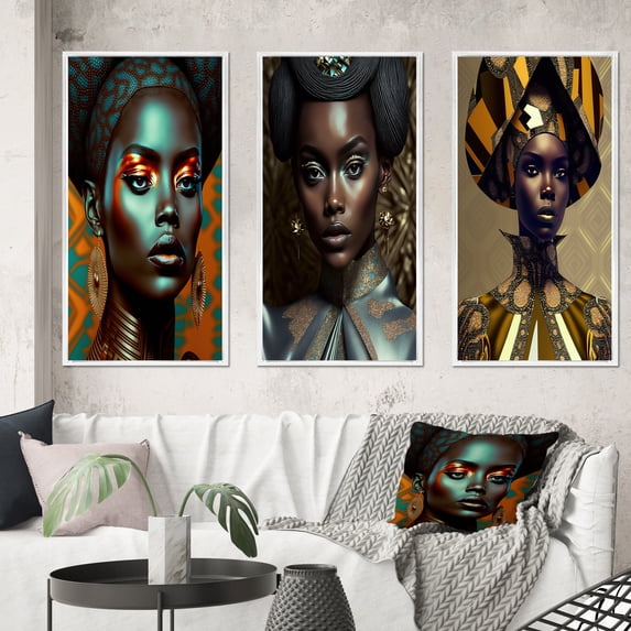 Designart "Avant-Garde Elegance of African Woman I" African American Framed Wall Art Set Of 3 - Brown Glam Frame Gallery Set For Office Decor