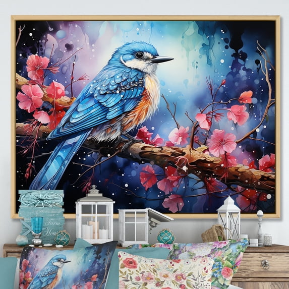 Designart "Avian Watercolor Halo III" Animals Bird Floater Framed Wall Art Living Room