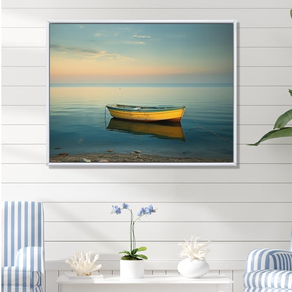 Designart "Azure And Lemon Boat Scene" Coastal Boat Floater Framed Canvas Wall Art