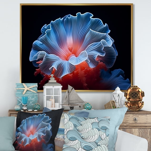 Designart "Azure And Scarlet Plumed Anemone" Coastal Coral Under Water Floater Framed Wall Decor