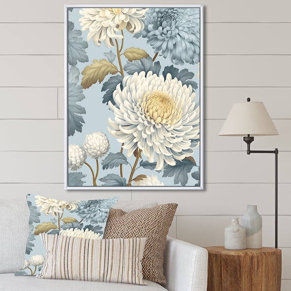 Designart "Azure And Snow Chrysanthemum Array" Chrysanthemums Floater Framed Wall Art Prints