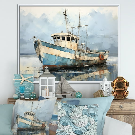 Designart "Azure And Snow Fishing Vessel IV" Coastal Boat Floater Framed Wall Art Living Room