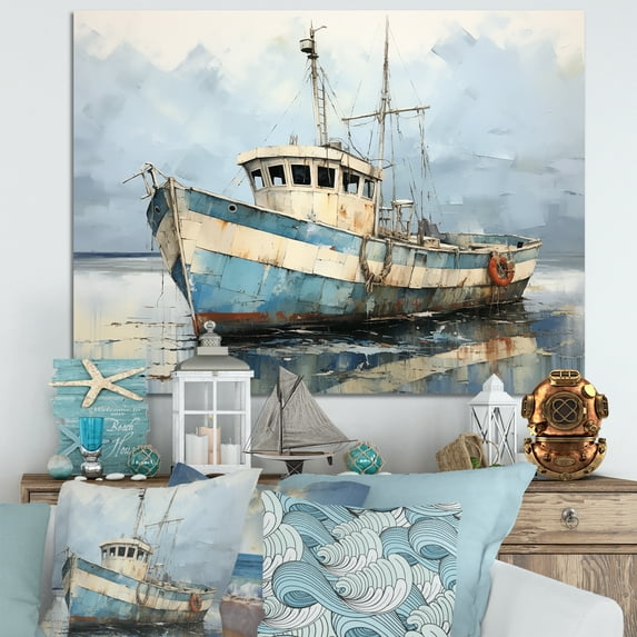 Designart "Azure And Snow Fishing Vessel IV" Coastal Boat Wall Art Living Room
