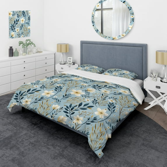 Designart "Azure Blossom Harmony Floral Design" Blue Floral Bedding Covert Set - Cottage Bed Set With 2 Shams