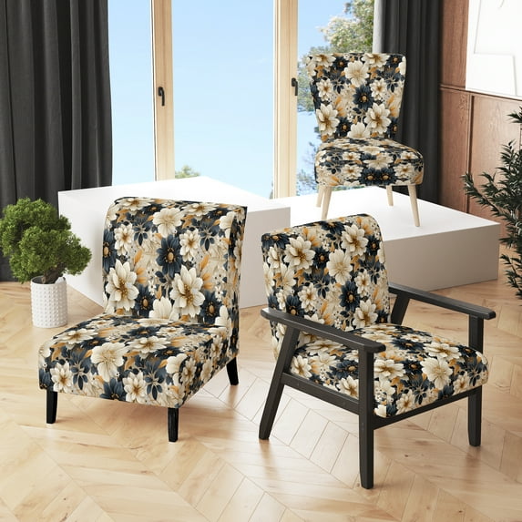 Designart "Azure Chrysanthemum Dream I" Beige Floral Upholstered Accent Chair - Cottage Arm Chair For Bedroom