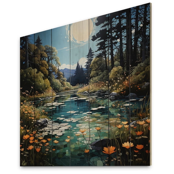 Designart "Azure Mirrors on the River II" Lakes & Rivers Print on Natural Pine Wood