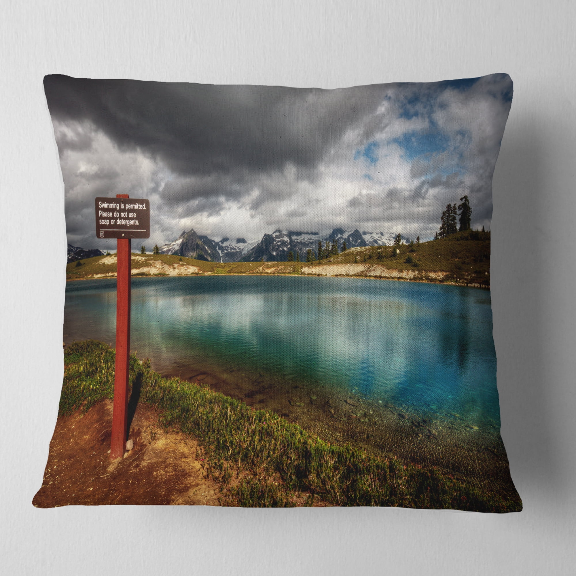 Designart Azure Mountain Lake with Clouds - Landscape Printed Throw Pillow - 16x16