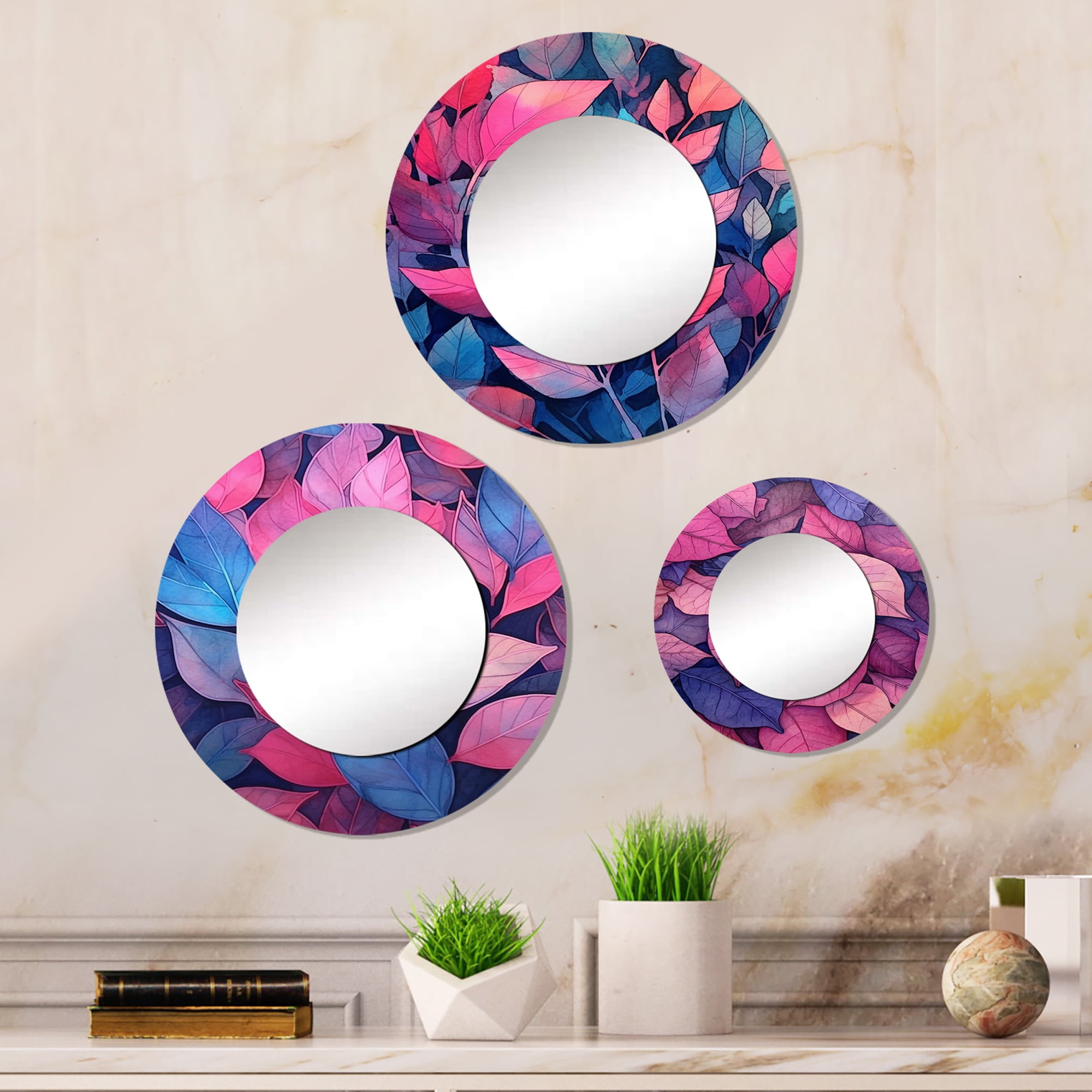 Designart "Azure Rosy Foliage Blend III" Floral Round Mirror Set Of 3