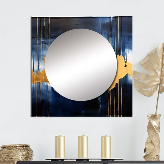 Designart "Azure Tapestry of Time Abstract Gold and Blue Art II" Abstract Painting Square Mirror For Wall Decor - Large Gold Square Mirror Printed Wall Decor - Modern Square Living Room Mirror