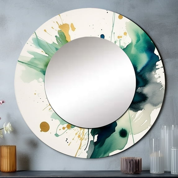 Designart "Azure, Teal, and Gold Brush I" Fractals Rund Mirror For Wall Decor - Large Turquoise Round Printed Mirror - Modern Round Mirror 23" x 23" Inch