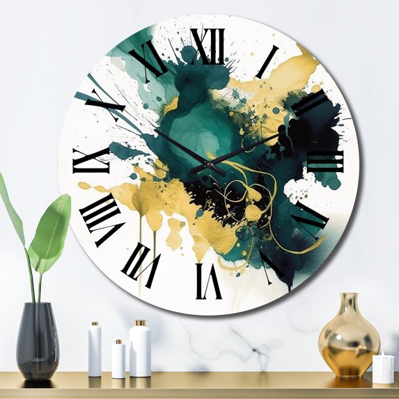 Designart "Azure, Teal, and Gold Brush II" Fractals Oversized Wall Clock