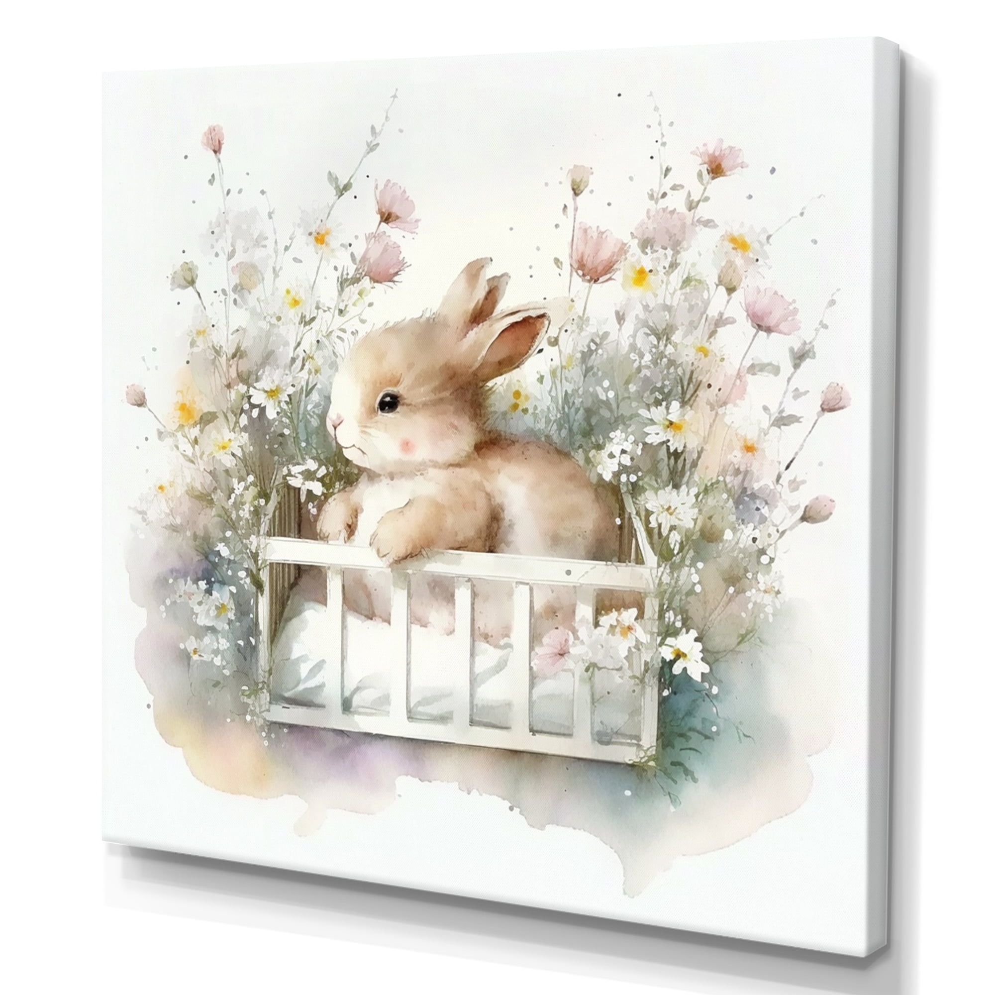 Designart Baby Bunny In Crib With Flowers I Canvas Wall Art