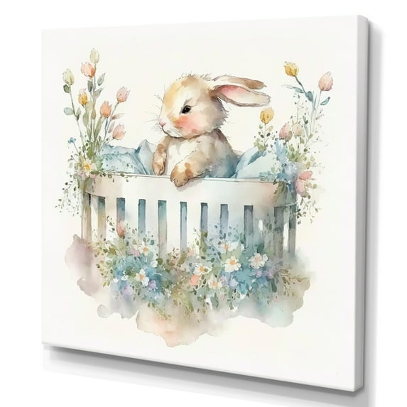 Designart Baby Bunny In Crib With Flowers II Canvas Wall Art