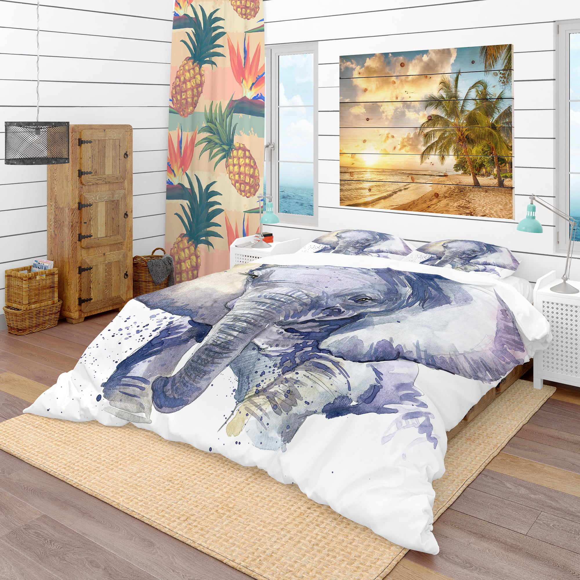 Designart 'Baby Elephant Blue Watercolor' Tropical Duvet Cover Set