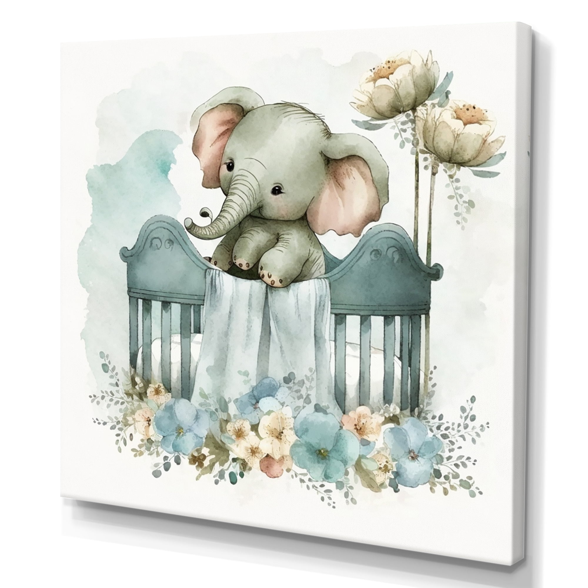 Designart Baby Elephant In Crib With Flowers I Canvas Wall Art