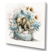 Designart Baby Elephant In Crib With Flowers II Canvas Wall Art