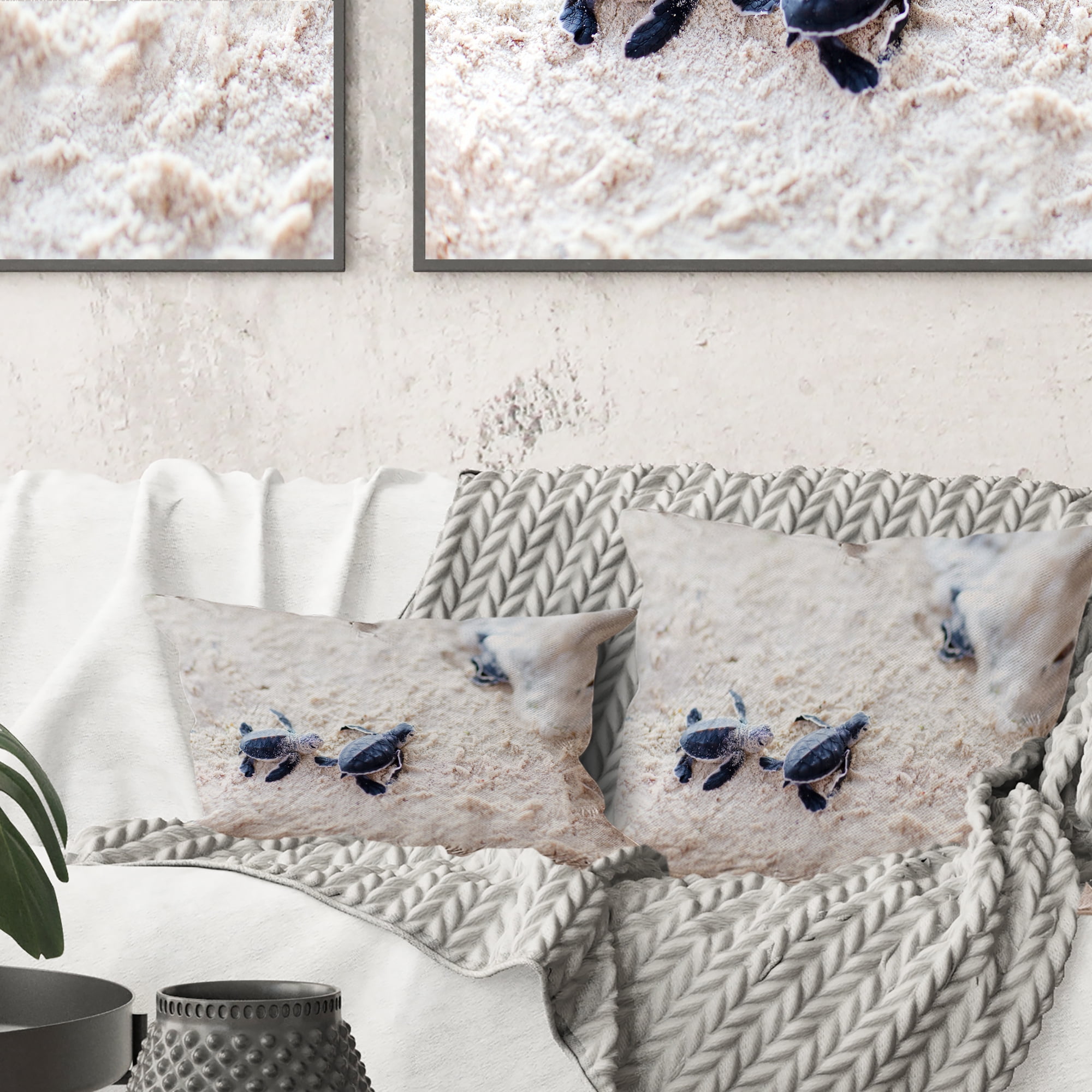 Designart Baby Green Turtles on Sand - Animal Throw Pillow - 18x18