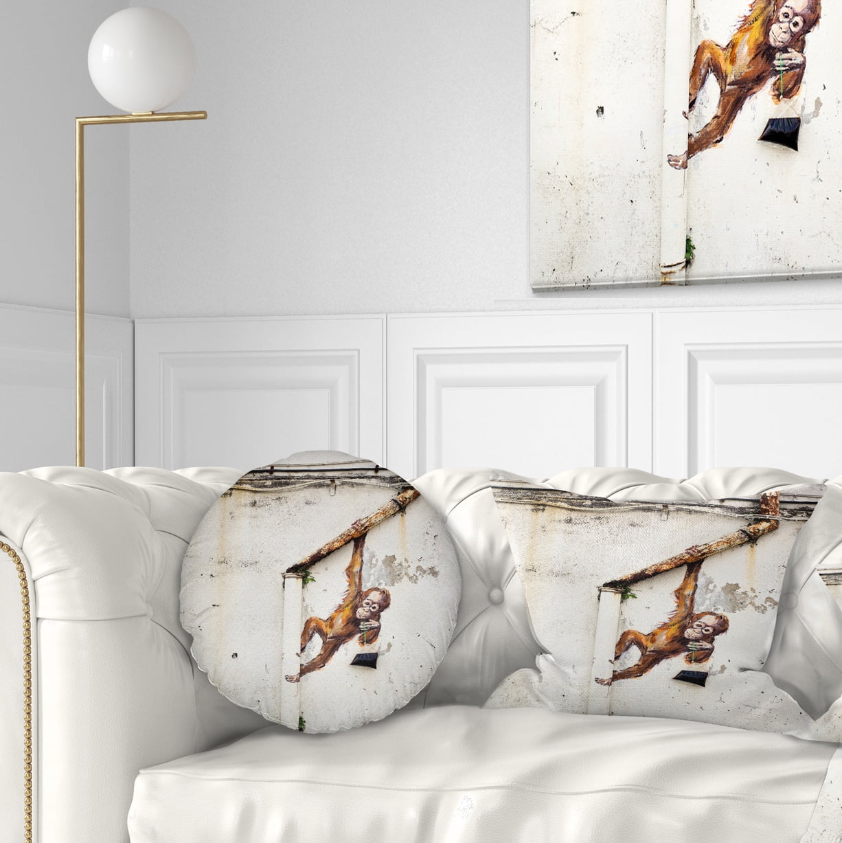 Designart Baby Orangutan Hanging from Pipe - Street Art Throw Pillow - 12x20