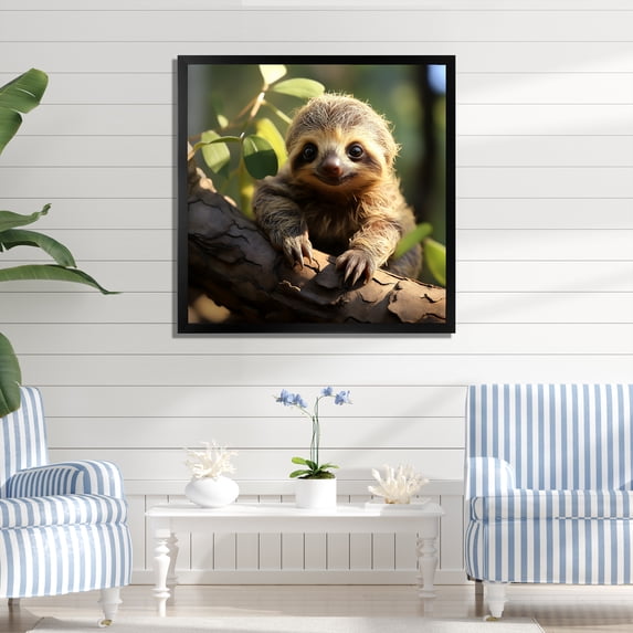 Designart "Baby Sloth Portrait" Animals Framed Wall Art Decor - Modern Green Sloth Entryway Framed Wall Art Print