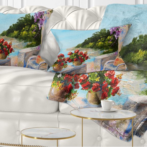Designart Balcony Near the Sea - Landscape Painting Throw Pillow - 12x20