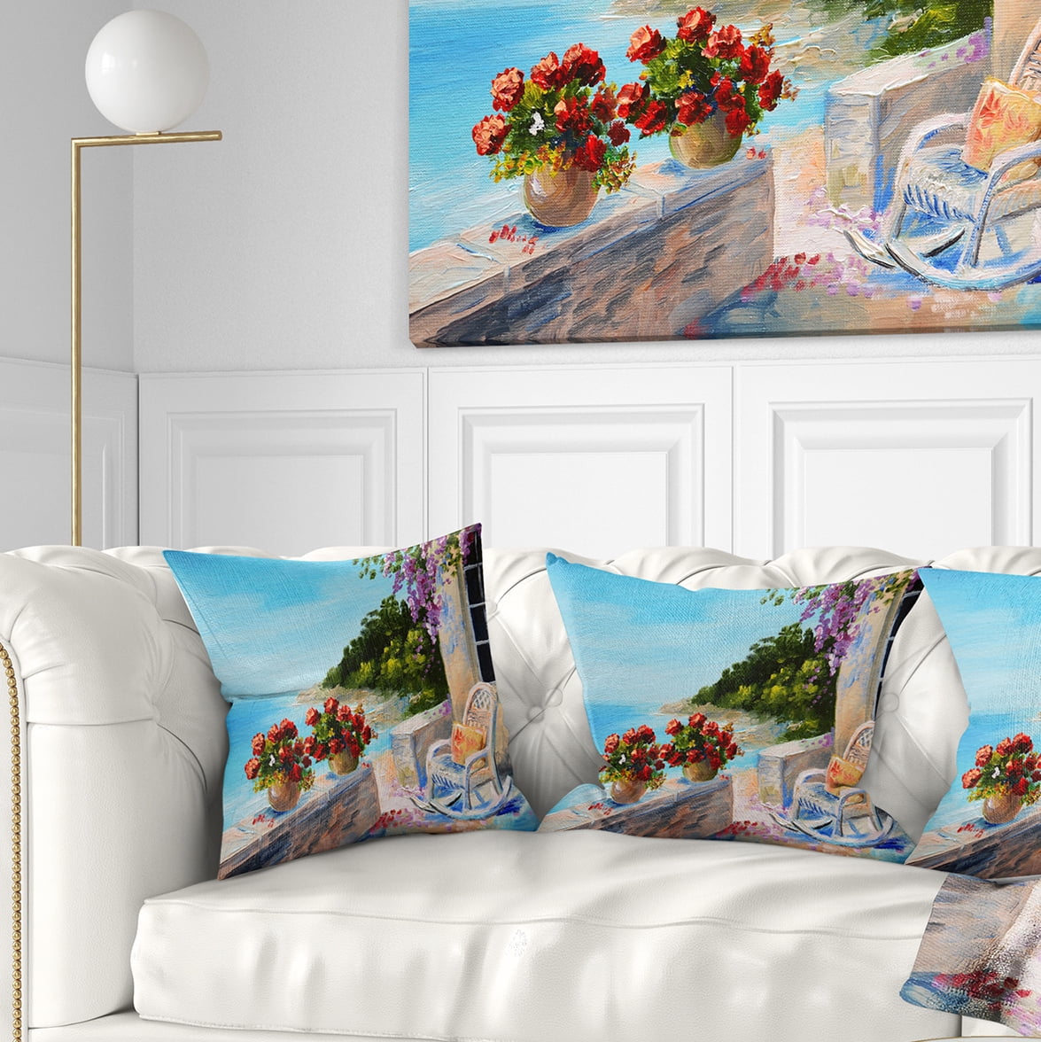Designart Balcony Near the Sea - Landscape Painting Throw Pillow - 18x18