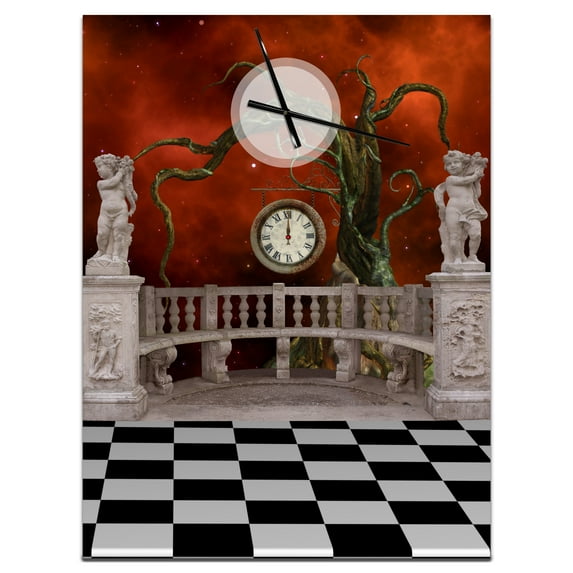 Designart 'Balcony with Clock and Tree Angels' Vintage Wall Clock
